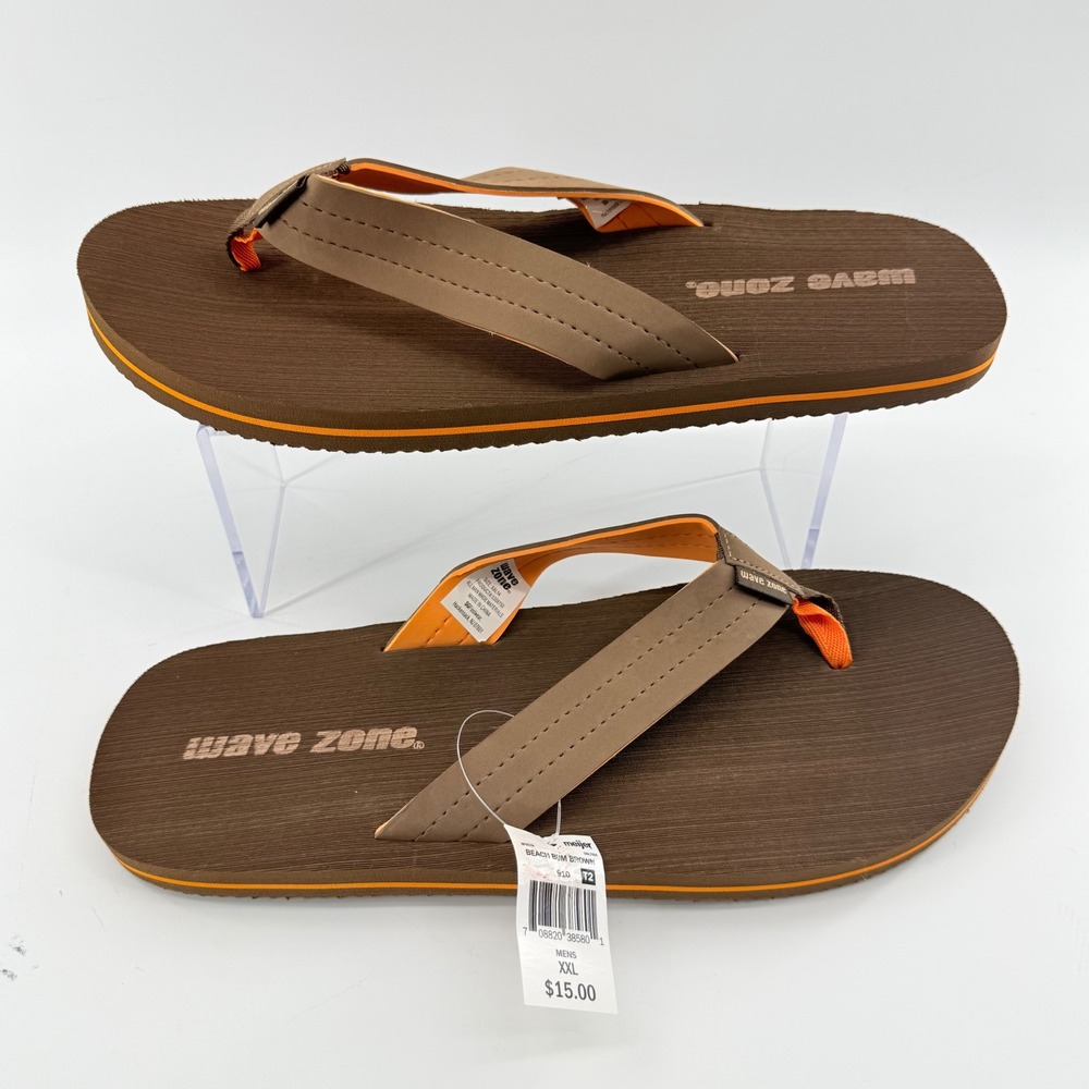 NEW Wave Zone Mens XXL 14 Flip Flops Brown Orange Beach Bum Thong Sandals Summer
